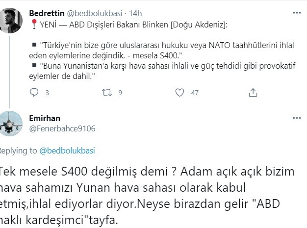 Νέο ΣΟΚ των Τούρκων - Οι ΗΠΑ λένε ότι παραβιάζουμε τον ελληνικό εναέριο χώρο, αναφέρουν οι Τούρκοι με φόντο τις δηλώσεις του Αμερικανού υπουργού Εξωτερικών.